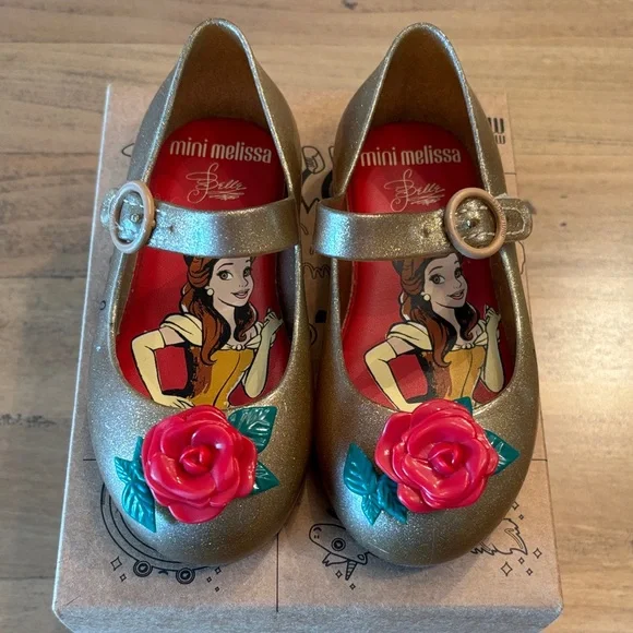 Mini Melissa Gold Belle Dress Shoes with Red Rose Accent - Picture 1 of 9